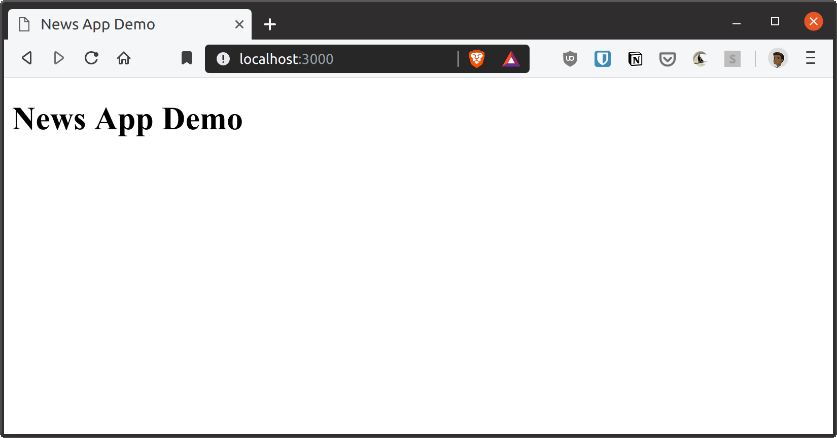 Brave browser showing News App Demo Text